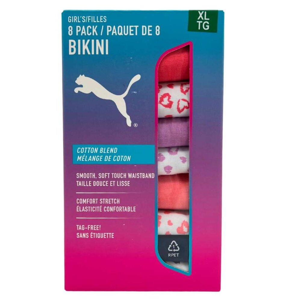 Puma Girl's Pink Multicolour Bikini Underwear | 8 Pack | Size XLarge